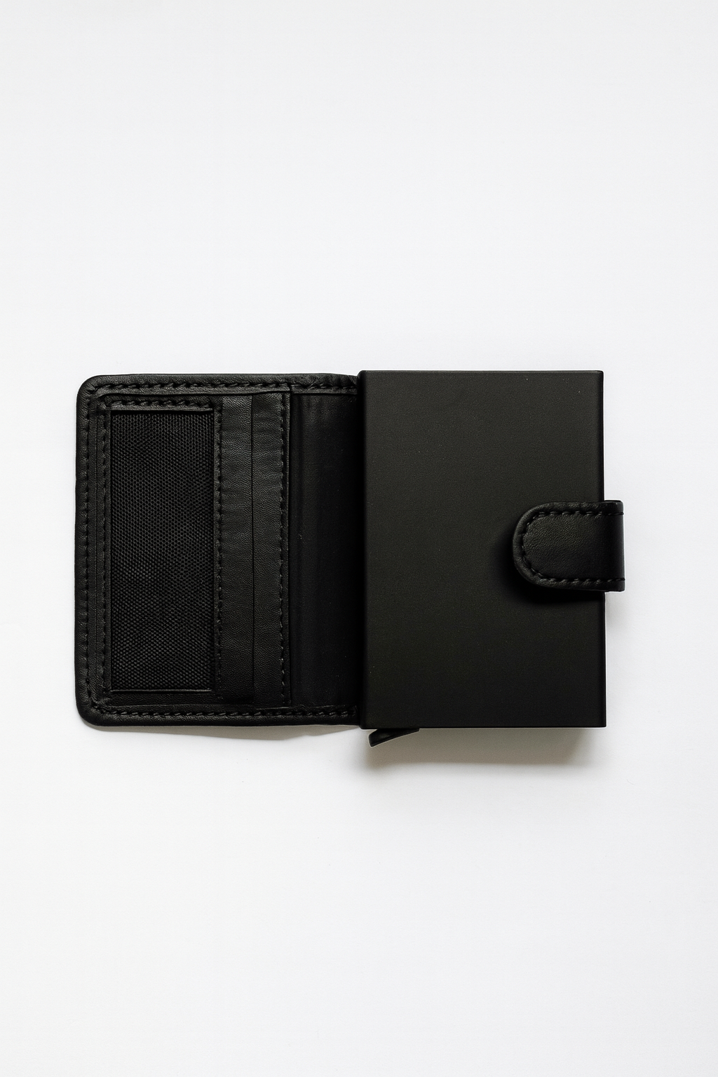 Stylish handcrafted black leather wallet & pop up card holder displayed in a half-open position, featuring multiple compartments, and card slots. Perfect men’s wallet design for everyday essentials with durability and premium finish.