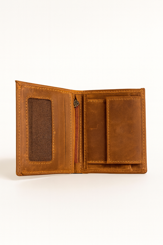 Stylish handcrafted brown leather wallet displayed in a half-open position, featuring multiple compartments, a secure zip pocket, and card slots. Perfect men’s wallet design for everyday essentials with durability and premium finish.